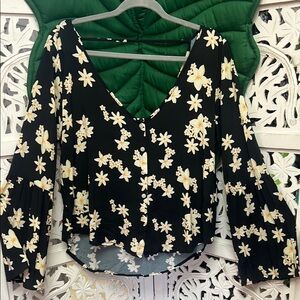 NWOT Paradise Now long sleeve button up black plumeria shirt with flare sleeves